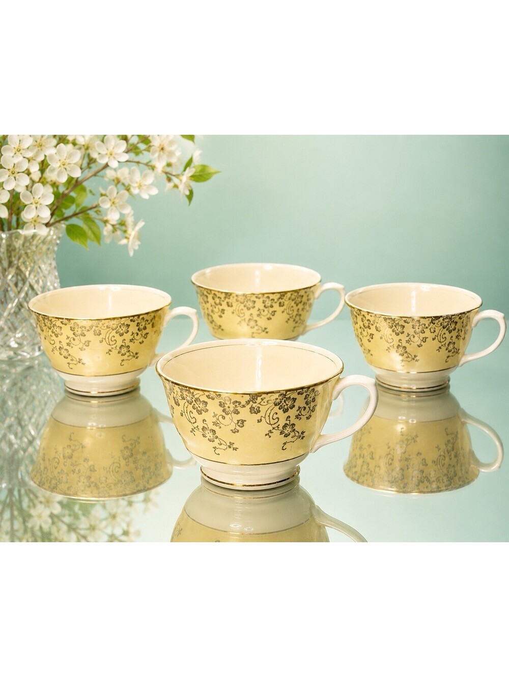 Eastern China NY 1950s 4 Teacups Gold Floral Chintz Buttercream, 4x2.5” AS IS